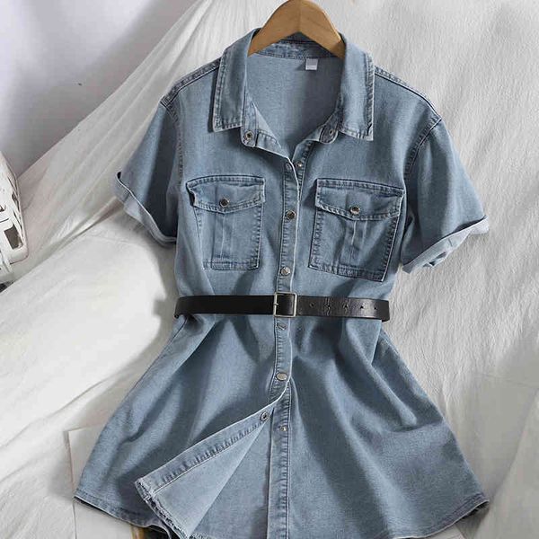 fashion denim korean shirt dress jacket spring summer casual denim bag hip vintage solid color pocket mini with belt 210420, Black;gray
fashion denim korean shirt dress jacket spring summer casual denim bag hip vintage solid color pocket mini with belt 210420, Black;gray