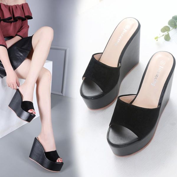 slippers 2021 suede shallow mouth fashion wedge sandals 14cm waterproof platform wearing shu women's slippers., Black
slippers 2021 suede shallow mouth fashion wedge sandals 14cm waterproof platform wearing shu women's slippers., Black