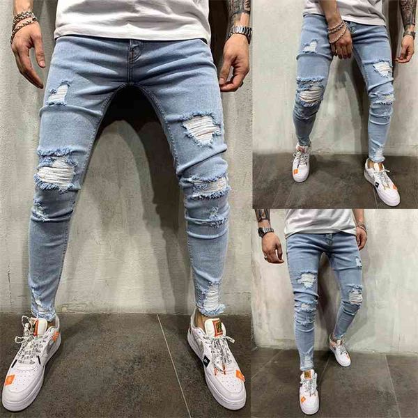 2019 high street men's slim little foot scraped pants fashion youth hole jeans large, Blue
2019 high street men's slim little foot scraped pants fashion youth hole jeans large, Blue