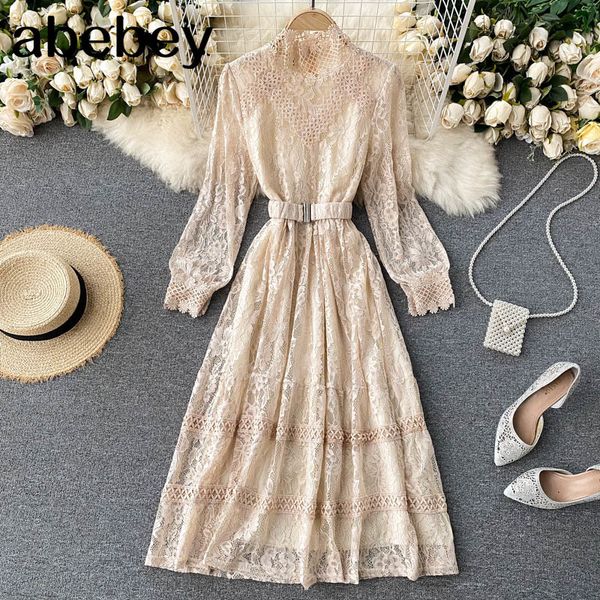 women korean lace dress o neck puff sleeve sashes a line midi long autumn solid casual elegant hollow out 210512, Black;gray
women korean lace dress o neck puff sleeve sashes a line midi long autumn solid casual elegant hollow out 210512, Black;gray