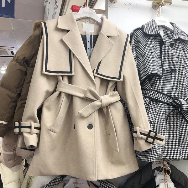 women's trench coats women 's coat autumn and winter korean style sailor collar open line thickened belt slimming, Tan;black
women's trench coats women 's coat autumn and winter korean style sailor collar open line thickened belt slimming, Tan;black