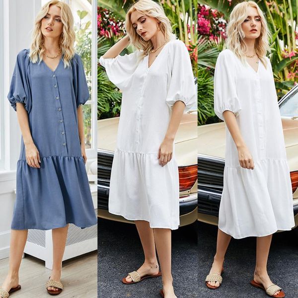 party dresses summer solid color elegant loose casual women long dress ruffle front buttons short sleeve v-neck fashion beach holiday, White;black
party dresses summer solid color elegant loose casual women long dress ruffle front buttons short sleeve v-neck fashion beach holiday, White;black