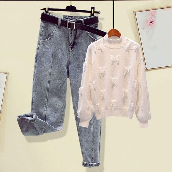 women's two piece pants women 2021 autumn fashion sets female solid color knitted pullover ladies high waist harem jeans suits p191, White
women's two piece pants women 2021 autumn fashion sets female solid color knitted pullover ladies high waist harem jeans suits p191, White
