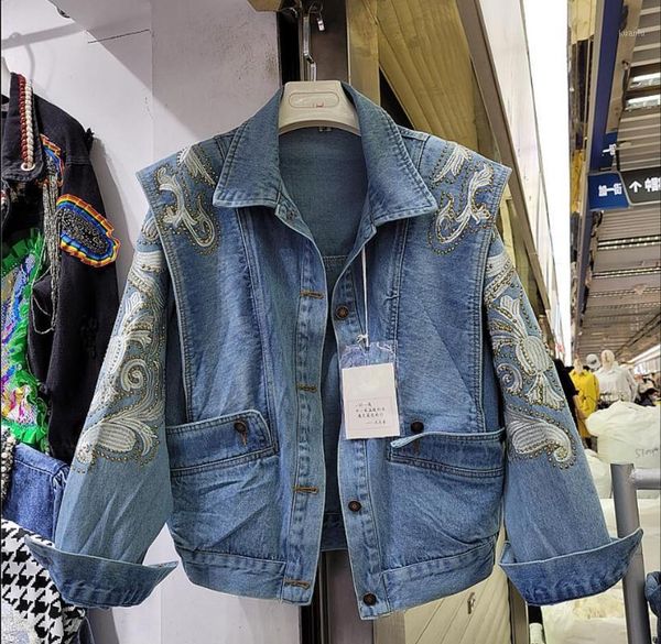 women's jackets women long sleeve blue denim jacket 2021 early spring rhinestone embroidery lapel single-breasted short coat, Black;brown
women's jackets women long sleeve blue denim jacket 2021 early spring rhinestone embroidery lapel single-breasted short coat, Black;brown