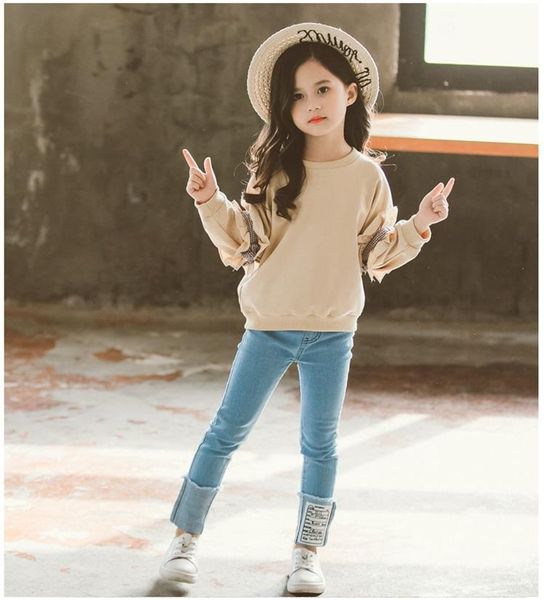family matching outfits spring style 5-10 year old girl baby fashion lace sleeve sweater jeans suit big children stitching ruffled children&, Blue
family matching outfits spring style 5-10 year old girl baby fashion lace sleeve sweater jeans suit big children stitching ruffled children&, Blue