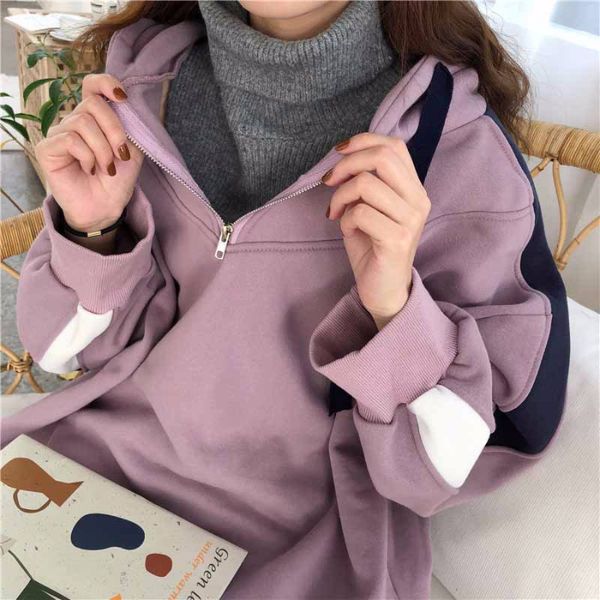 high neck sweater stitched plush women's lazy wind fake two zip hooded jacket 250g, Blue;black
high neck sweater stitched plush women's lazy wind fake two zip hooded jacket 250g, Blue;black