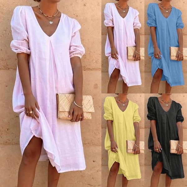 women's swimwear summer pure color casual loose beach dress women fashion bubble sleeve cotton linen solid v-neck 2021, White;black
women's swimwear summer pure color casual loose beach dress women fashion bubble sleeve cotton linen solid v-neck 2021, White;black