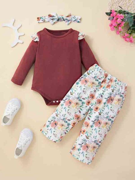 baby ruffle trim bodysuit & floral print pants with headband she, White