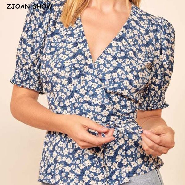 women's blouses & shirts vintage france style short sleeve wrap shirt fashion blue floral print tie bow waist blouse women one-pie, White
women's blouses & shirts vintage france style short sleeve wrap shirt fashion blue floral print tie bow waist blouse women one-pie, White