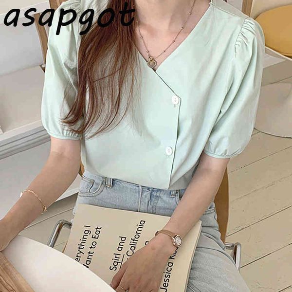 korean fresh summer minimalist plus size mint green blouse women v neck puff short sleeve single-breasted loose straight 210429, White
korean fresh summer minimalist plus size mint green blouse women v neck puff short sleeve single-breasted loose straight 210429, White