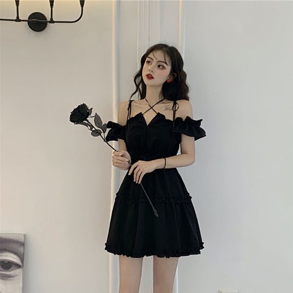 gothic dress women pleated black off shoulder short sleeve strap backless mini dresses 2021 empire ruffles casual women clothing, Black;gray
gothic dress women pleated black off shoulder short sleeve strap backless mini dresses 2021 empire ruffles casual women clothing, Black;gray