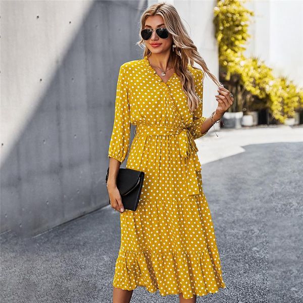 spring autumn fashion dot bandage dress women casual ruffles v neck high waist slim print long for dresses