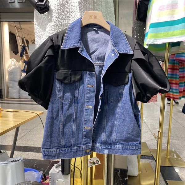 women's jackets false two-piece patchwork puff sleeve denim jacket summer elegant lapel single breasted fashion short women, Black;brown
women's jackets false two-piece patchwork puff sleeve denim jacket summer elegant lapel single breasted fashion short women, Black;brown