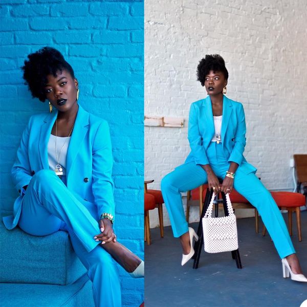 women's two piece pants fashion blazer solid blue casual custom made jacket suit streetwear chic pography 2 set, White