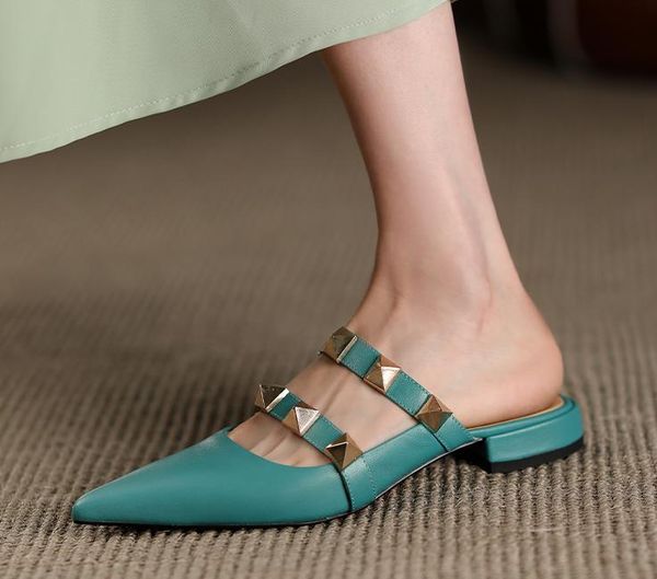 women mules shoes fashion rivet lady flat heel summer slipper genuine leather first layer cow pointed toe slippers, Black
women mules shoes fashion rivet lady flat heel summer slipper genuine leather first layer cow pointed toe slippers, Black