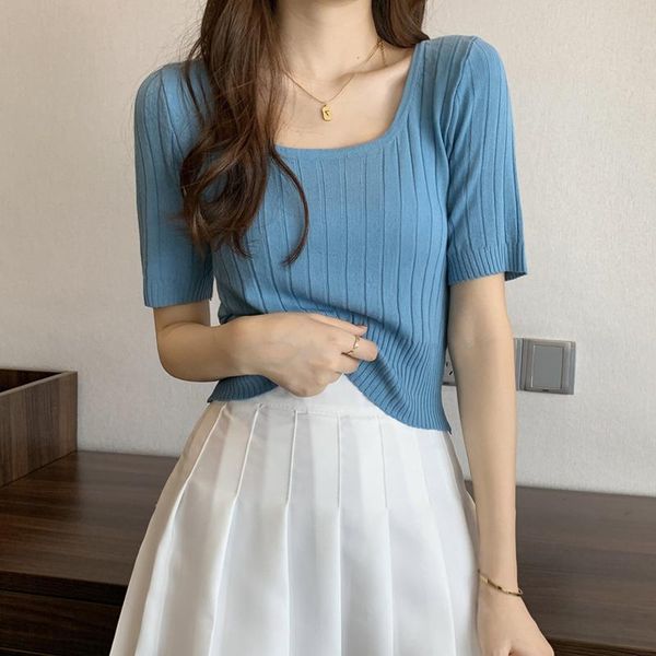 women's t-shirt short-sleeved summer 2021 online red girl slim-fit solid color short u-neck knitted clothes ins, White
women's t-shirt short-sleeved summer 2021 online red girl slim-fit solid color short u-neck knitted clothes ins, White