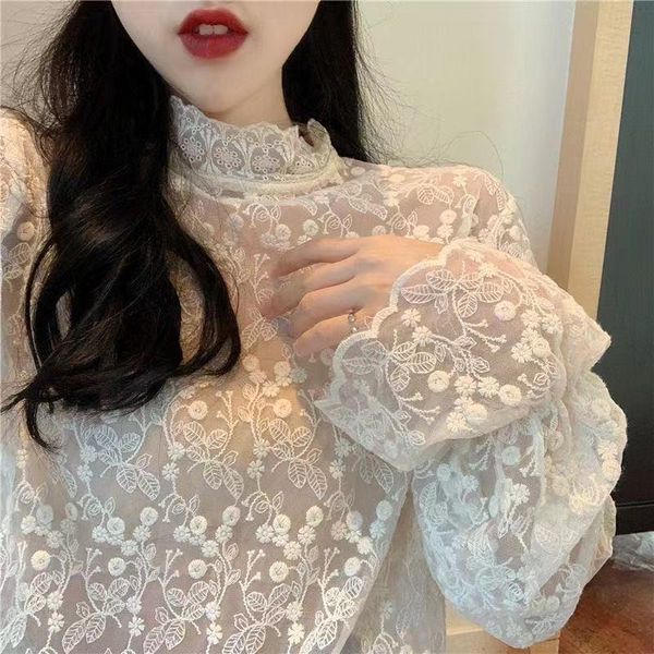women's blouses & shirts lace shirt for women spring and autumn mesh lace-collared blouse long sleeve bottoming, White
women's blouses & shirts lace shirt for women spring and autumn mesh lace-collared blouse long sleeve bottoming, White