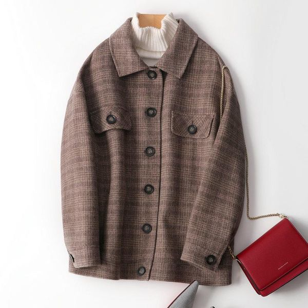 women's wool & blends short double-faced cashmere coat autumn and winter woolen overcoat female all-match classic coffee color plaid ja, Black 
women's wool & blends short double-faced cashmere coat autumn and winter woolen overcoat female all-match classic coffee color plaid ja, Black