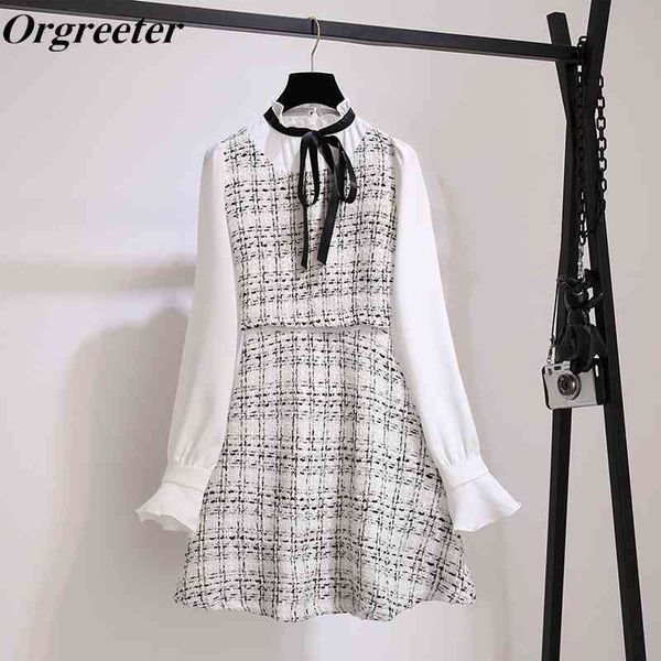 vintage tweed dress autumn sweet bow tie up flare sleeve patchwork fake two pieces plaid winter 210525, Black;gray
vintage tweed dress autumn sweet bow tie up flare sleeve patchwork fake two pieces plaid winter 210525, Black;gray