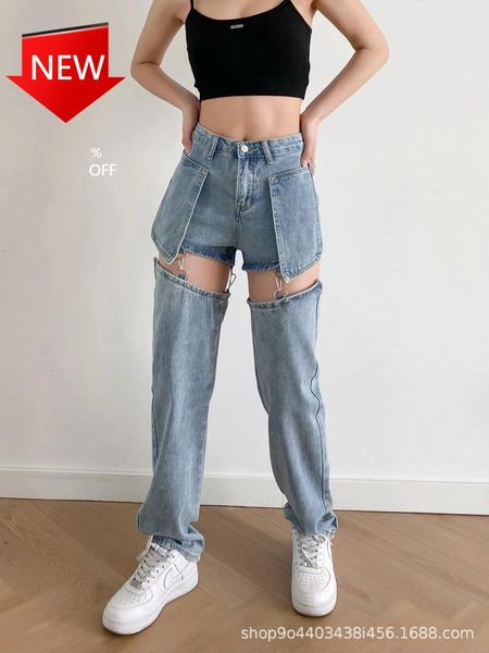 women's jeans fake two-piece ripped for women high waist slimming pants summer thin design detachable baggy straight trousers, Blue
women's jeans fake two-piece ripped for women high waist slimming pants summer thin design detachable baggy straight trousers, Blue