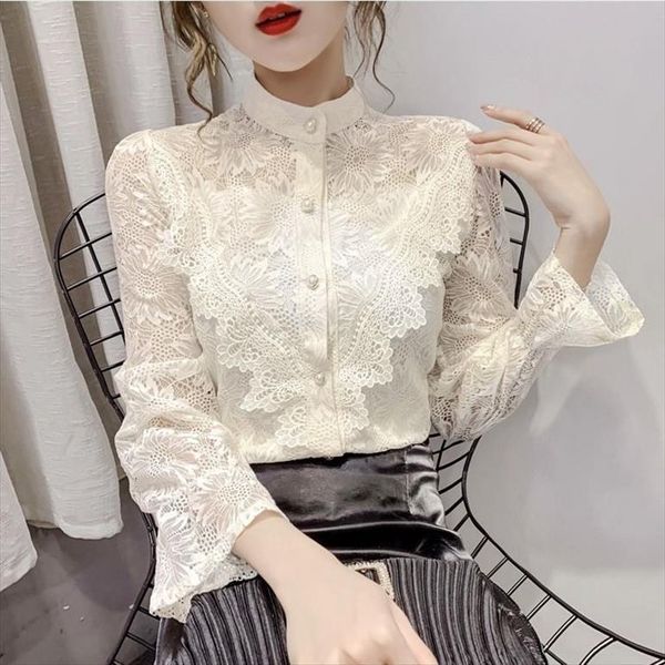 spring autumn lace pearl womens shirt splicing long sleeve stand up collar button flared sleeves blouses, White
spring autumn lace pearl womens shirt splicing long sleeve stand up collar button flared sleeves blouses, White
