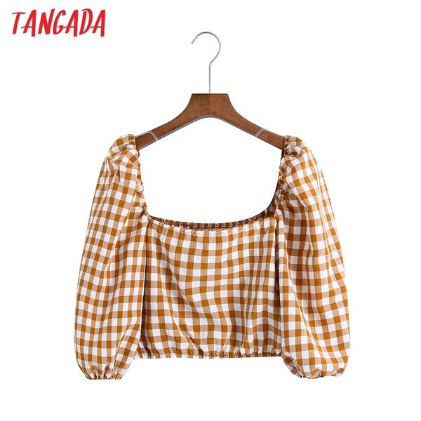 women retro plaid print crop square collar short sleeve summer chic female slim shirt 6z24 210416, White
women retro plaid print crop square collar short sleeve summer chic female slim shirt 6z24 210416, White
