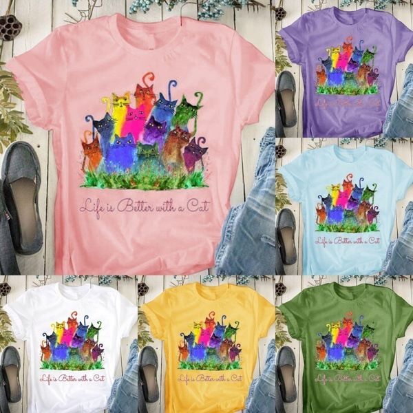 fashion t-shirts brand round neck large women's half sleeve summer color animal cat pattern printed clothes, White
fashion t-shirts brand round neck large women's half sleeve summer color animal cat pattern printed clothes, White