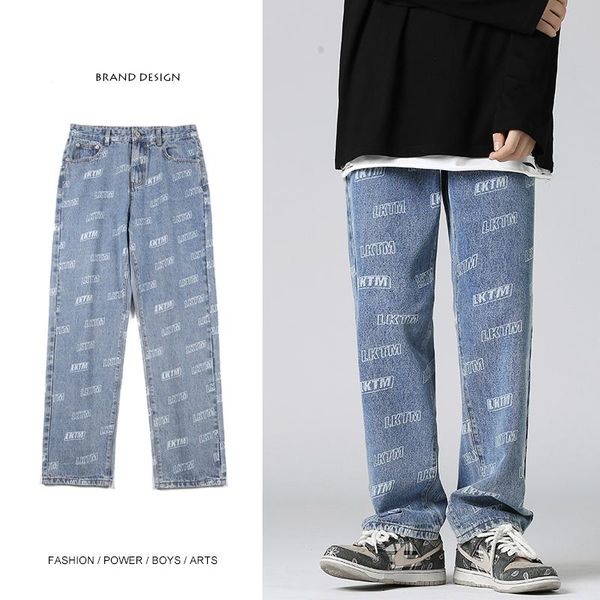 men's jeans 2021autumn letters full print tide brand high street straight loose wild personality student trousers, Blue
men's jeans 2021autumn letters full print tide brand high street straight loose wild personality student trousers, Blue