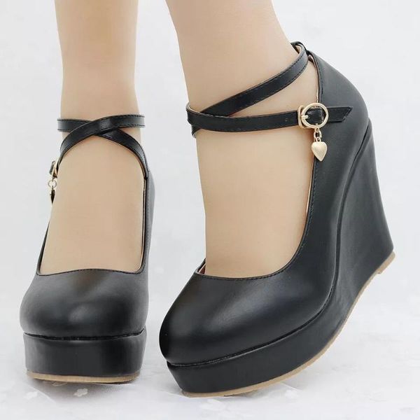 dress shoes 2021 white platform wedges pumps women high heels round toe cross tie, Black
