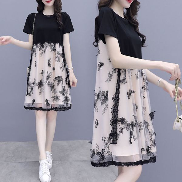 mesh embroidery dress women's summer loose cover belly show thin temperament fashion lace stitching skirt, Black;gray
mesh embroidery dress women's summer loose cover belly show thin temperament fashion lace stitching skirt, Black;gray