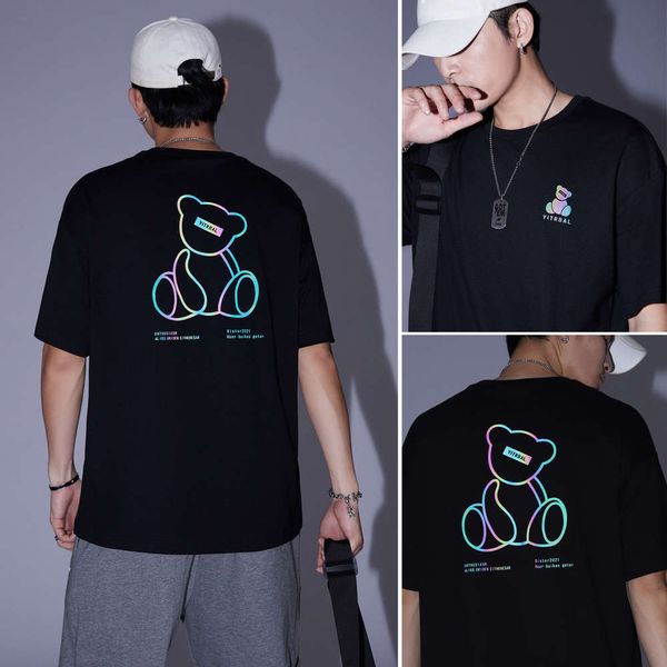 men's short sleeved t-shirts bear reflective cotton men loose summer street fashion bright colors, White;black
men's short sleeved t-shirts bear reflective cotton men loose summer street fashion bright colors, White;black