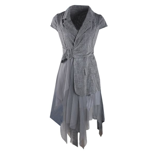 women gray notch collar mesh patchwork short sleeve knee length loose summer asymmetrical dress casual d2483 210514, Black;gray 
women gray notch collar mesh patchwork short sleeve knee length loose summer asymmetrical dress casual d2483 210514, Black;gray
