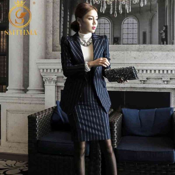 navy and white stripes formal uniform designs women suits with jackets and dress for ladies office sets 210520
navy and white stripes formal uniform designs women suits with jackets and dress for ladies office sets 210520