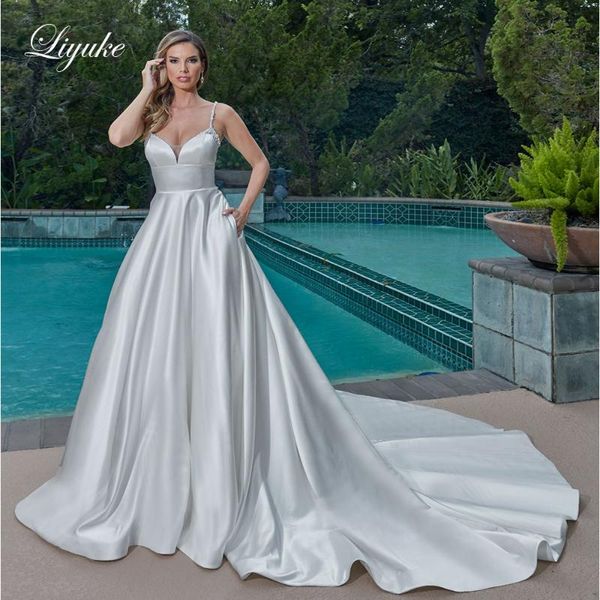 other wedding dresses liyuke gorgeous satin of sweetheart necklin a line dress with beads strap chapel button train backless vestido de noiv, White 
other wedding dresses liyuke gorgeous satin of sweetheart necklin a line dress with beads strap chapel button train backless vestido de noiv, White