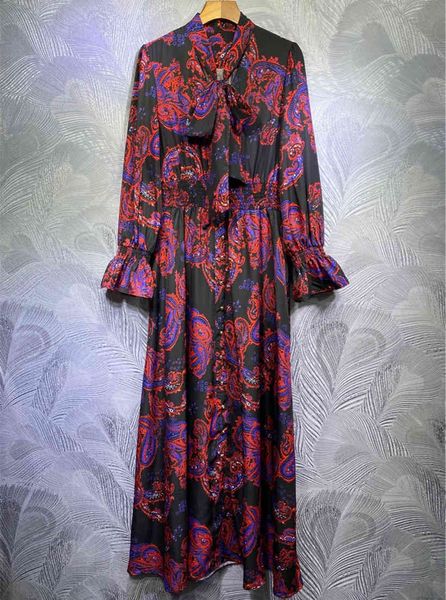 casual dresses 2021 floral spring printing bowtie of elegant c722, Black;gray