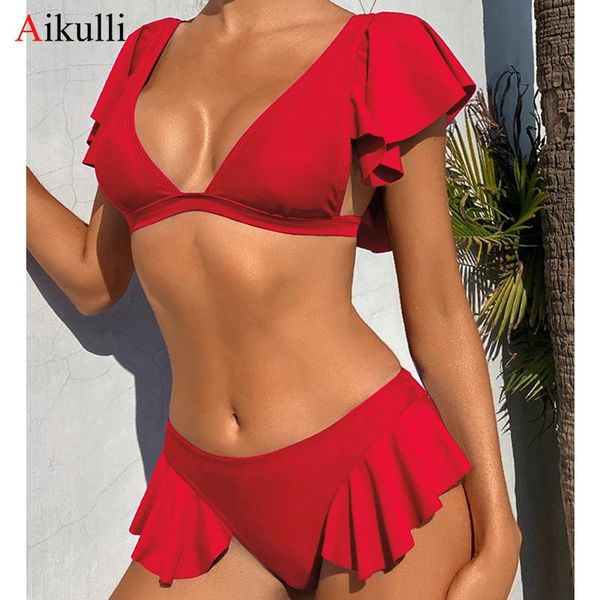 women's swimwear 2021 ruffle bikini set swimsuit women v-neck solid color female summer beachwear bikinis swimming bathing suit, White;black
women's swimwear 2021 ruffle bikini set swimsuit women v-neck solid color female summer beachwear bikinis swimming bathing suit, White;black