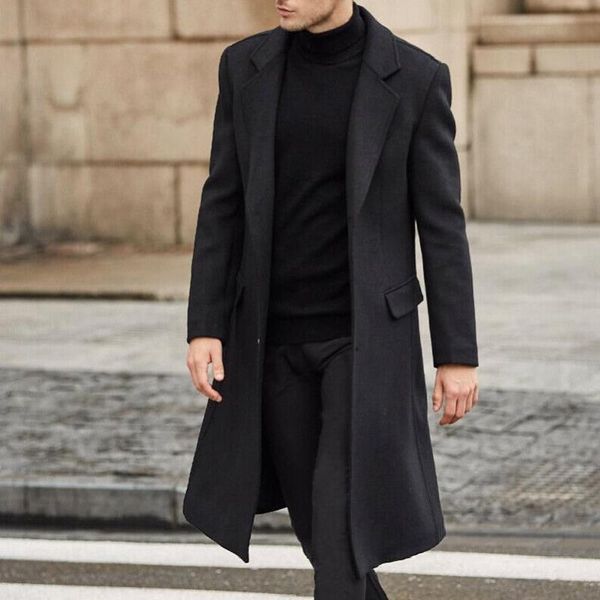 men's wool & blends fall winter lapel woolen coat single breasted slim mid length trench, Black
men's wool & blends fall winter lapel woolen coat single breasted slim mid length trench, Black