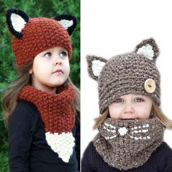 funny cute fox handmade children winter beanie hat 2pcs/set cartoon animal knitted hats boy girl warm knit scarf caps gift, Blue;gray