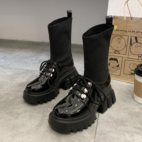 boots women 2021 fashion high platform wedges ankle woman casual shoes drop patent leather patchwork chunky sock, Black
boots women 2021 fashion high platform wedges ankle woman casual shoes drop patent leather patchwork chunky sock, Black