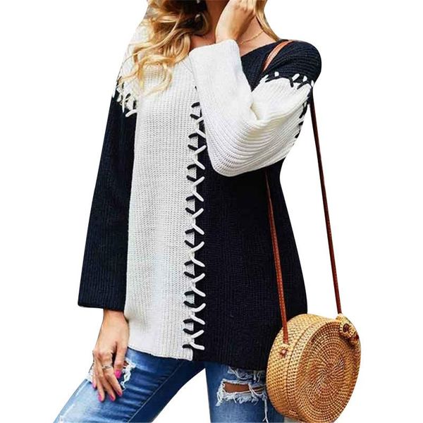 

women's sweaters autumn / winter 2021 knitted sweater ol commuting color contrast patch splicing long sleeve knitwear casual wm*, White;black