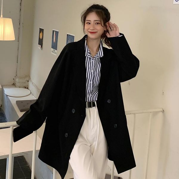 women's wool & blends mid-length coat lapel woolen clothes casual loose long-sleeved double breasted suit early autumn, Black
women's wool & blends mid-length coat lapel woolen clothes casual loose long-sleeved double breasted suit early autumn, Black