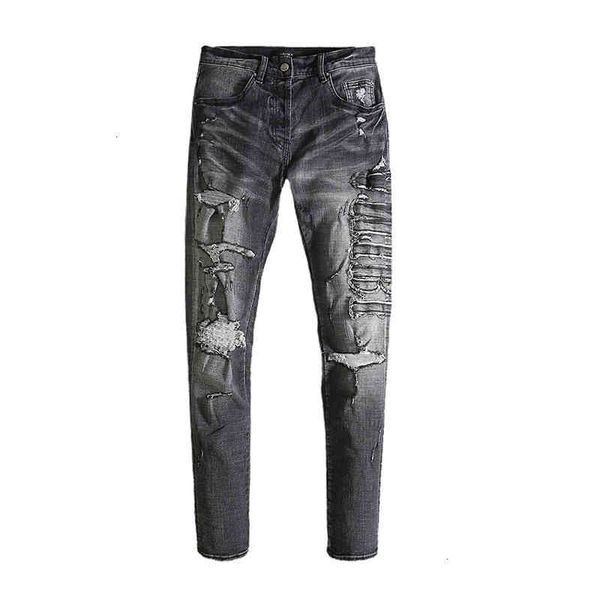 black washed side embroidered am letter jeans autumn winter men's perforated elastic slim straight pants, Blue
black washed side embroidered am letter jeans autumn winter men's perforated elastic slim straight pants, Blue