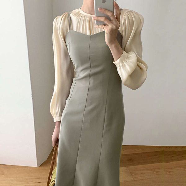 casual dresses dress women clotheschic spring versatile round neck pleated sleeve bottomed shirt + slim mid long suspender q9wc, Black;gray
casual dresses dress women clotheschic spring versatile round neck pleated sleeve bottomed shirt + slim mid long suspender q9wc, Black;gray