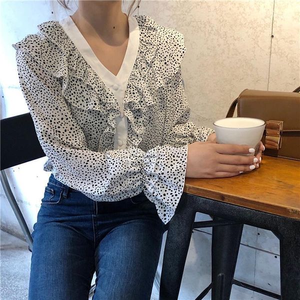 women's blouses & shirts vintage spring korean fashion clothing women temperament long sleeve chiffon ruffles v neck blouse, White
women's blouses & shirts vintage spring korean fashion clothing women temperament long sleeve chiffon ruffles v neck blouse, White