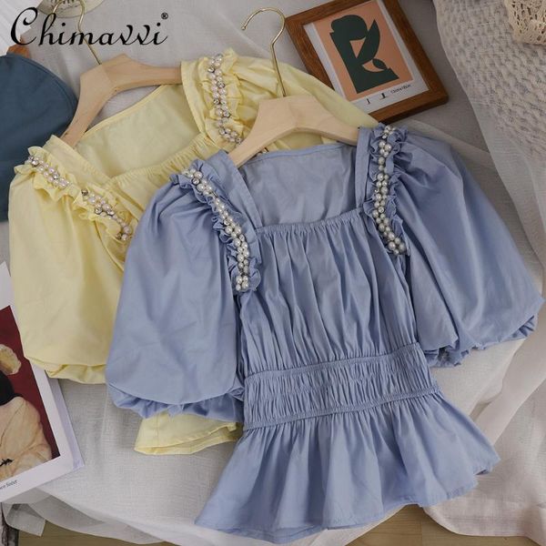 women's blouses & shirts heavy beads puff sleeve pleated ruffled women 2021 summer square collar slimming fashion sweet elegance blous, White
women's blouses & shirts heavy beads puff sleeve pleated ruffled women 2021 summer square collar slimming fashion sweet elegance blous, White