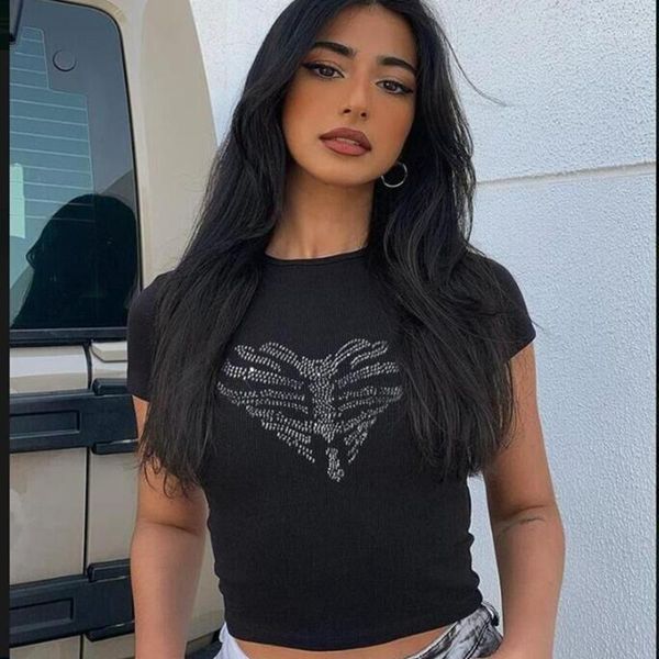 women's t-shirt women y2k aesthetic skull gothic short sleeve round neck heart skeleton rhinestone crop rib knit t-shirts harajuku, White
women's t-shirt women y2k aesthetic skull gothic short sleeve round neck heart skeleton rhinestone crop rib knit t-shirts harajuku, White
