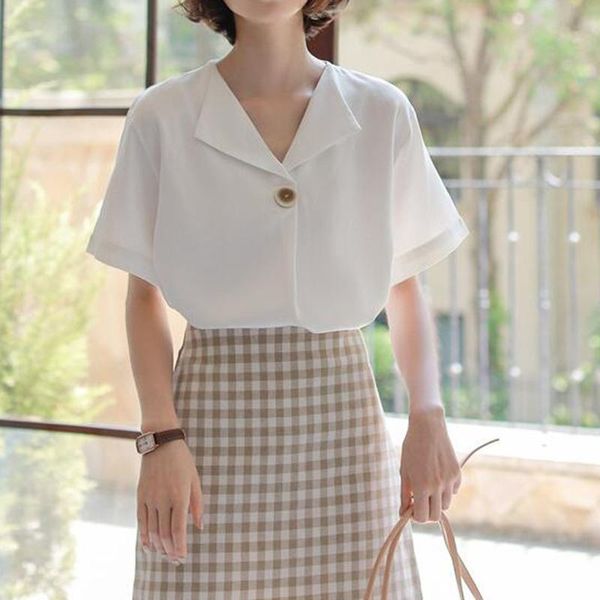women shirt blouse casual solid short sleeve summer elegant v neck pullovers blusa streetwear drop women's blouses & shirts, White
women shirt blouse casual solid short sleeve summer elegant v neck pullovers blusa streetwear drop women's blouses & shirts, White