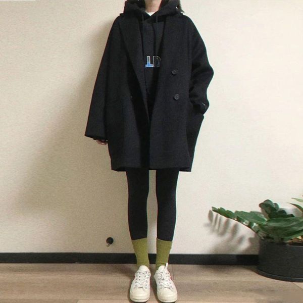 women's wool & blends woolen jacket for women autumn winter korean version plus cotton thick mid-length suit collar all-match wind coat, Black 
women's wool & blends woolen jacket for women autumn winter korean version plus cotton thick mid-length suit collar all-match wind coat, Black