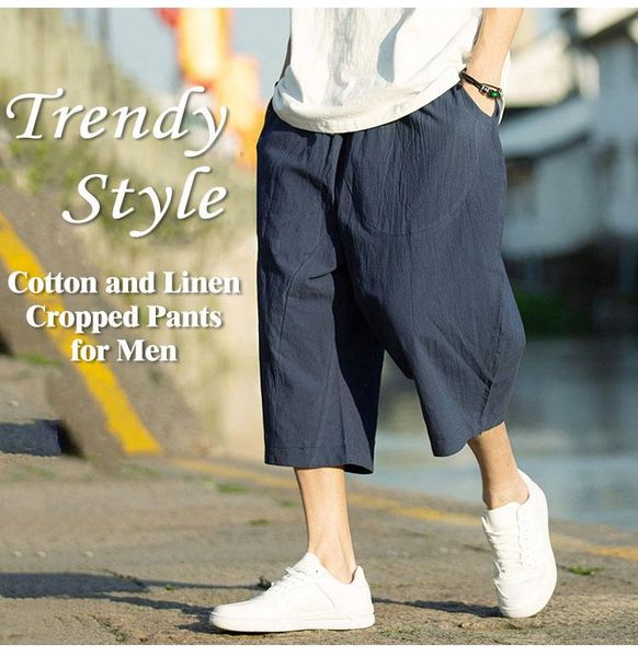 men's pants men linen casual cropped, Black