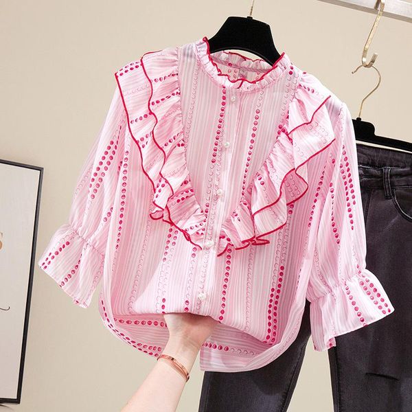 women's blouses & shirts jsxdhk 2021 summer designer pink chiffon ruffles shirt fashion women flare sleeve polka dot sweet striped blo, White
women's blouses & shirts jsxdhk 2021 summer designer pink chiffon ruffles shirt fashion women flare sleeve polka dot sweet striped blo, White